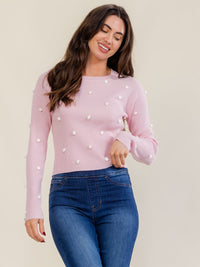 WOMEN'S LONG SLEEVE POM POM RIBBED TOP