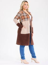 PLUS SIZE LONG SLEEVE OPEN FRONT POCKETS COLORBLOCK PLAID CARDIGAN