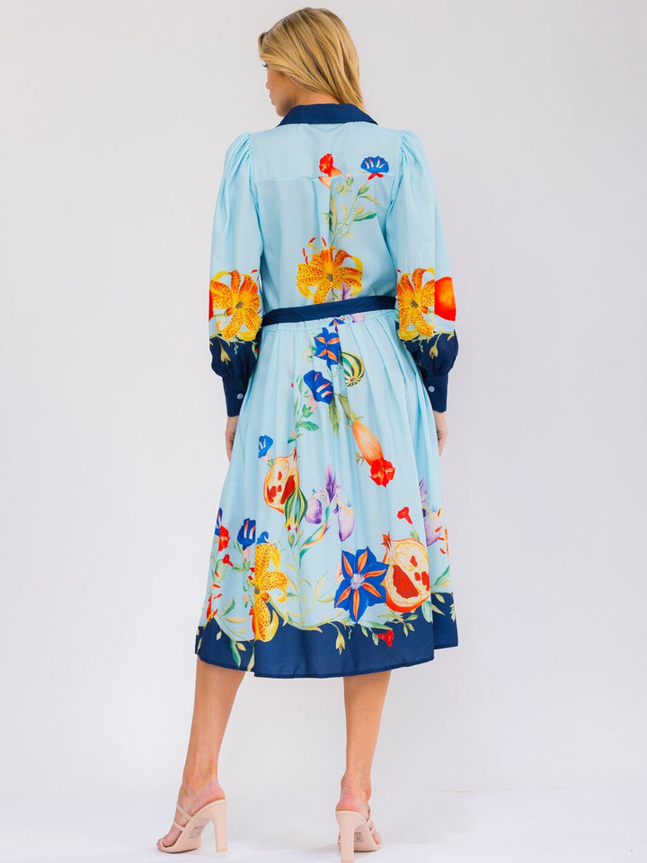 WOMEN'S LONG SLEEVE SELF TIE BUTTON UP MULTI PRINT MIDI DRESS