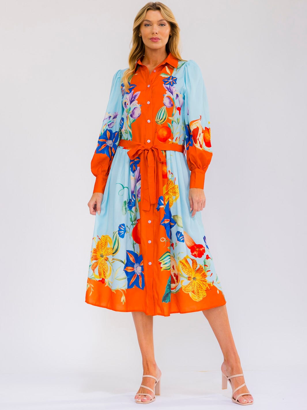 WOMEN'S LONG SLEEVE SELF TIE BUTTON UP MULTI PRINT MIDI DRESS