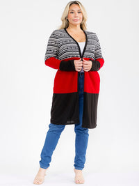 PLUS SIZE LONG SLEEVE OPEN FRONT POCKETS COLORBLOCK CARDIGAN