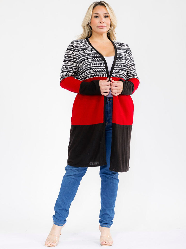 PLUS SIZE LONG SLEEVE OPEN FRONT POCKETS COLORBLOCK CARDIGAN
