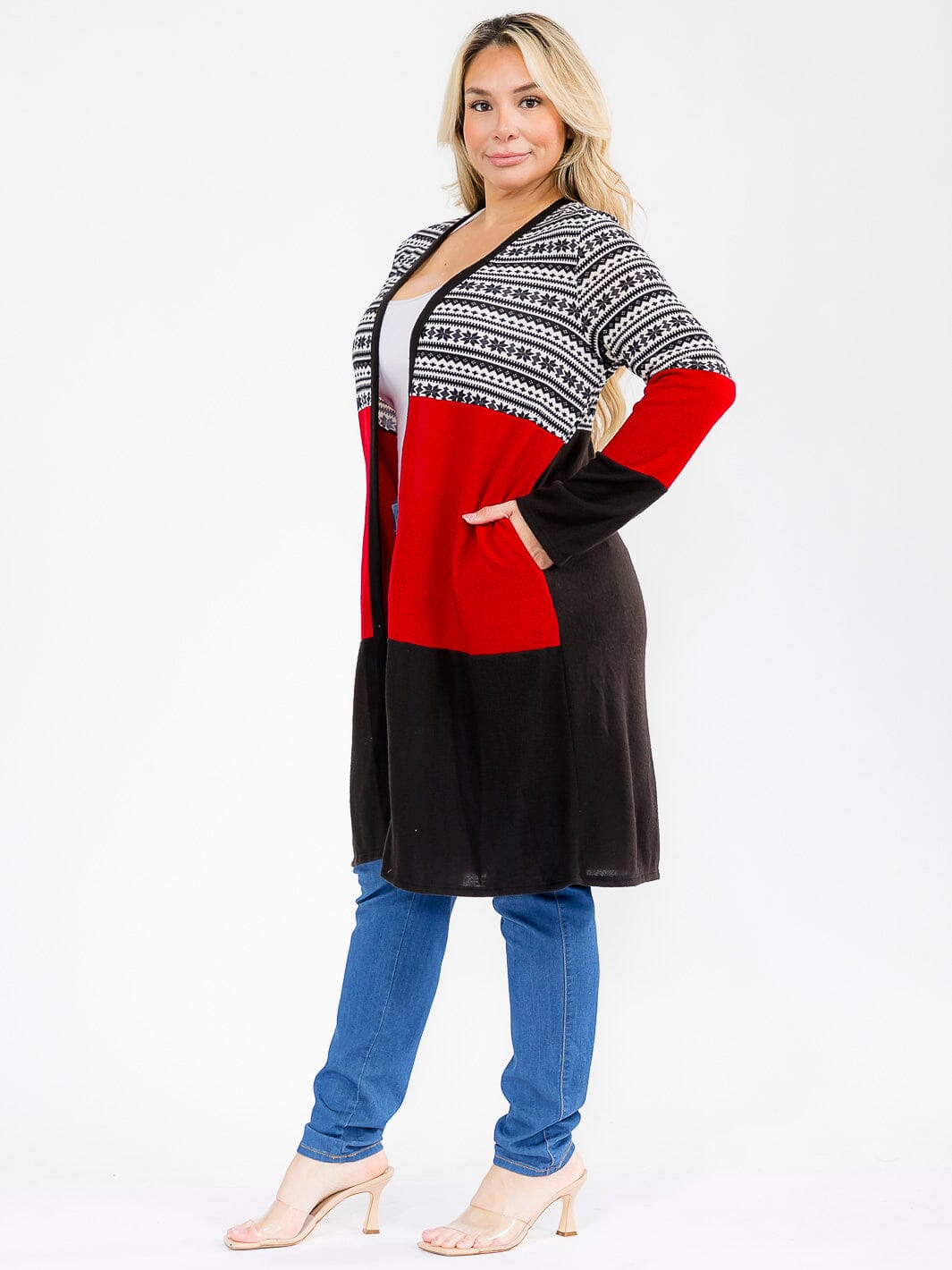 PLUS SIZE LONG SLEEVE OPEN FRONT POCKETS COLORBLOCK CARDIGAN