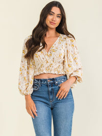 ENTRO WOMEN'S LONG SLEEVE SURPLICE SMOCK WAIST FLORAL PRINT BLOUSE