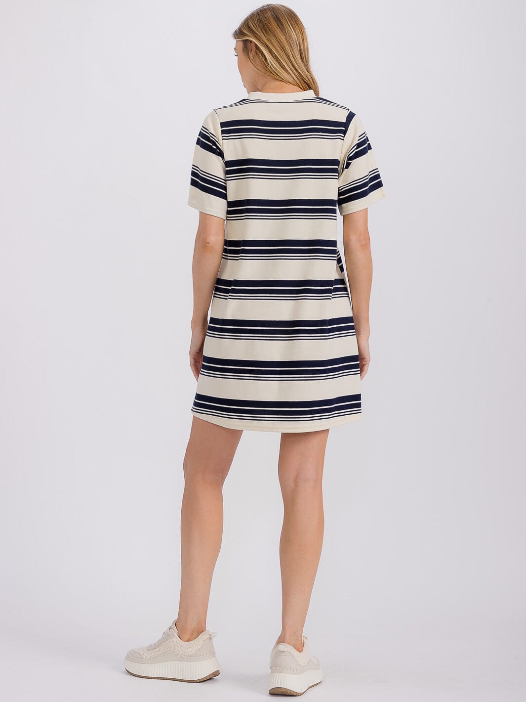 WOMEN'S SHORT SLEEVE COLORBLOCK STRIPES LOOSE FIT MINI DRESS