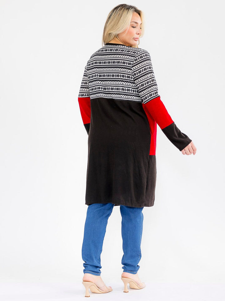 PLUS SIZE LONG SLEEVE OPEN FRONT POCKETS COLORBLOCK CARDIGAN