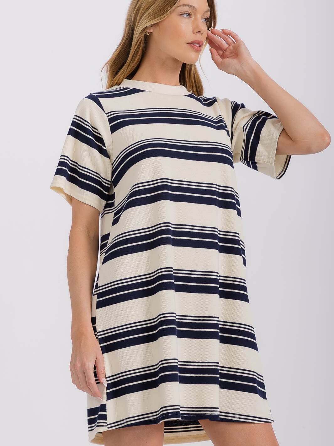 WOMEN'S SHORT SLEEVE COLORBLOCK STRIPES LOOSE FIT MINI DRESS