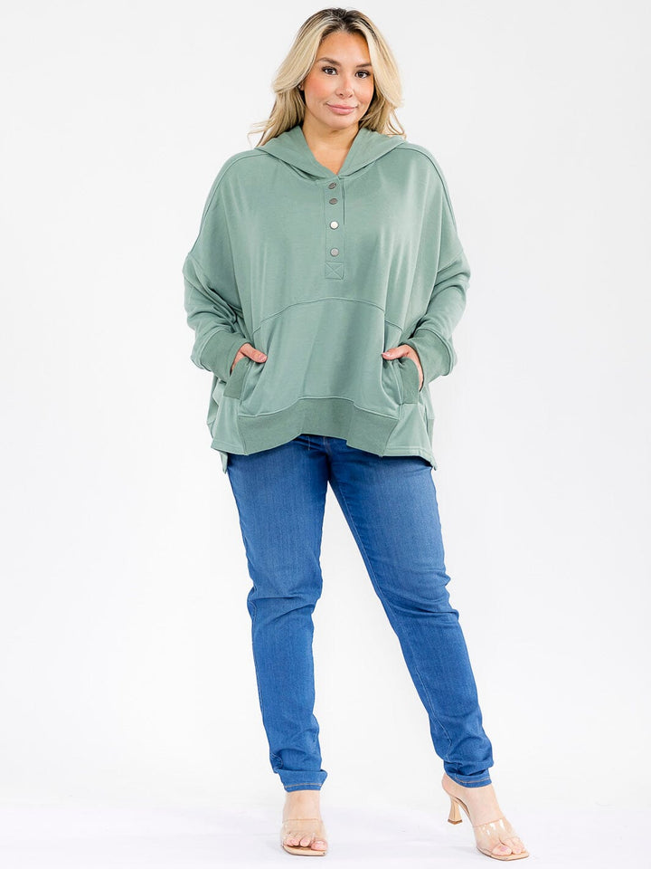PLUS SIZE LONG SLEEVE FRONT POCKETS BUTTON UP HOODED PULLOVER SWEATER