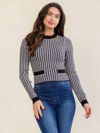 WOMEN'S LONG SLEEVE HOUNDSTOOTH KNIT PULLOVER SWEATER