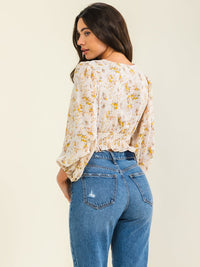 ENTRO WOMEN'S LONG SLEEVE SURPLICE SMOCK WAIST FLORAL PRINT BLOUSE