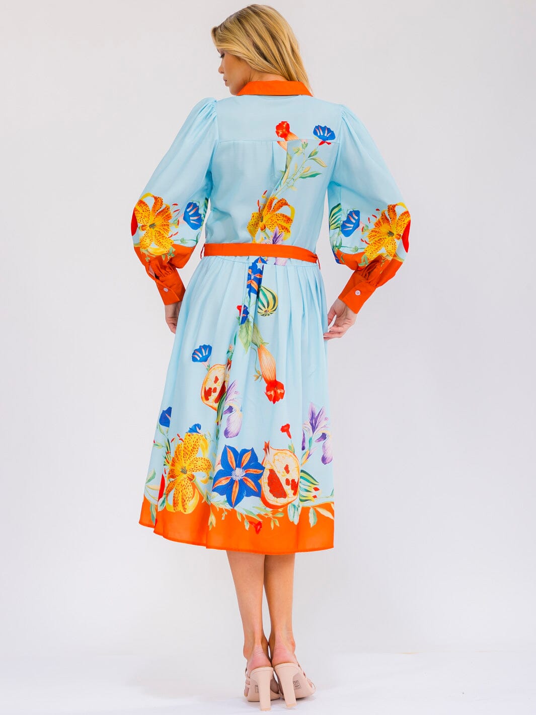 WOMEN'S LONG SLEEVE SELF TIE BUTTON UP MULTI PRINT MIDI DRESS