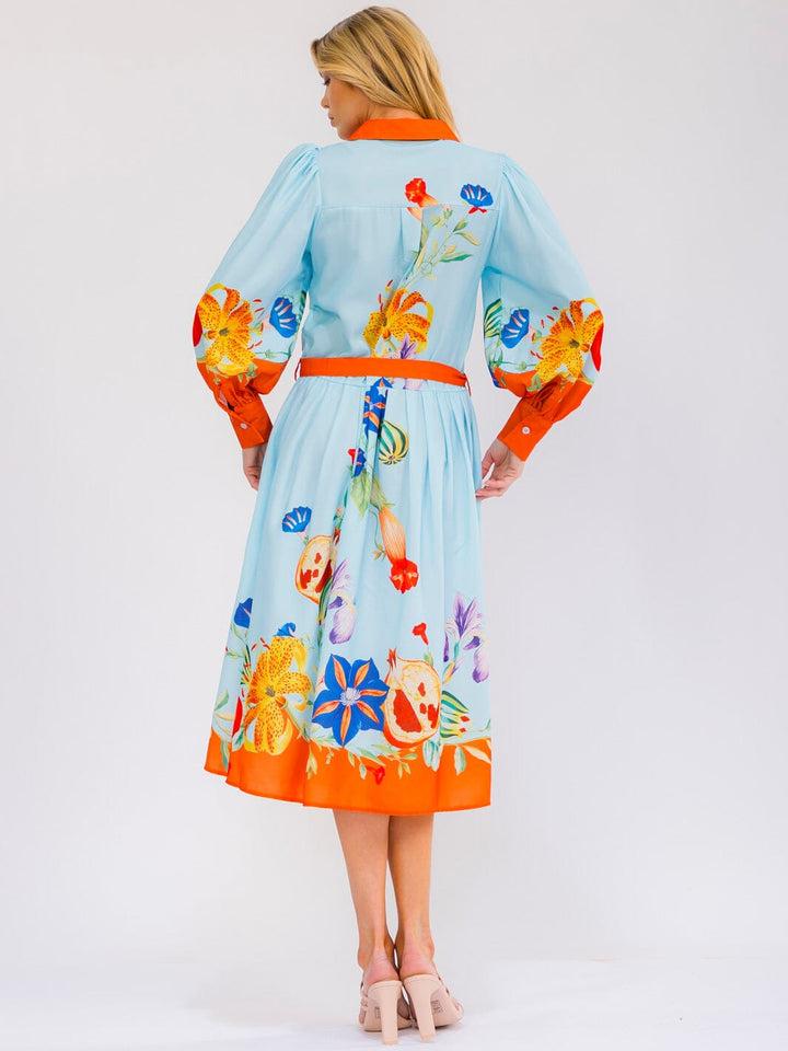 WOMEN'S LONG SLEEVE SELF TIE BUTTON UP MULTI PRINT MIDI DRESS