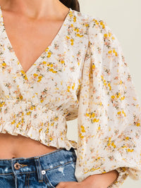 ENTRO WOMEN'S LONG SLEEVE SURPLICE SMOCK WAIST FLORAL PRINT BLOUSE