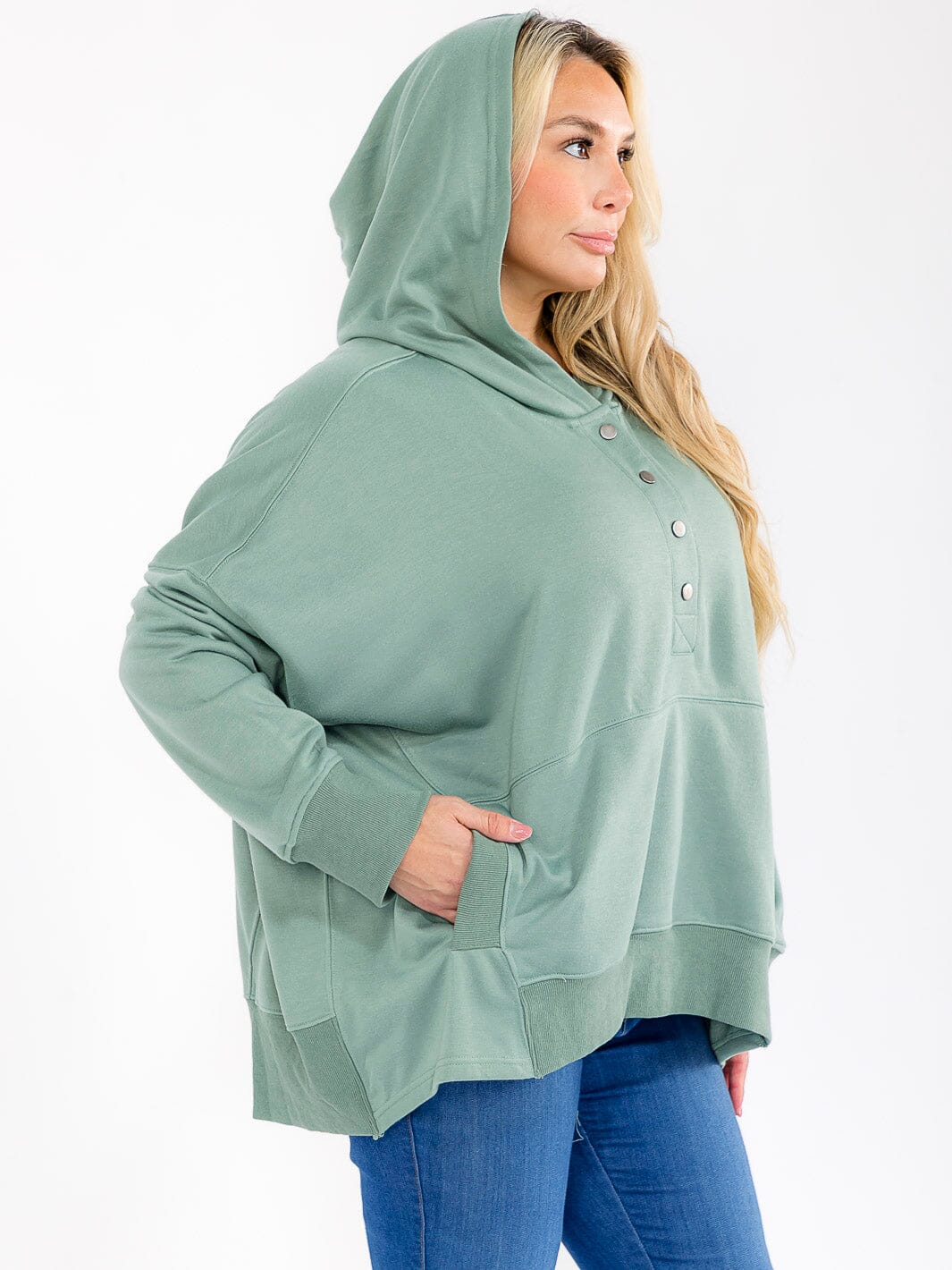 PLUS SIZE LONG SLEEVE FRONT POCKETS BUTTON UP HOODED PULLOVER SWEATER