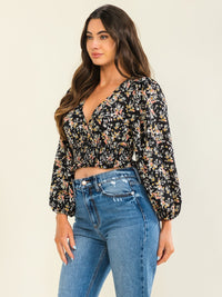 ENTRO WOMEN'S LONG SLEEVE SURPLICE SMOCK WAIST FLORAL PRINT BLOUSE