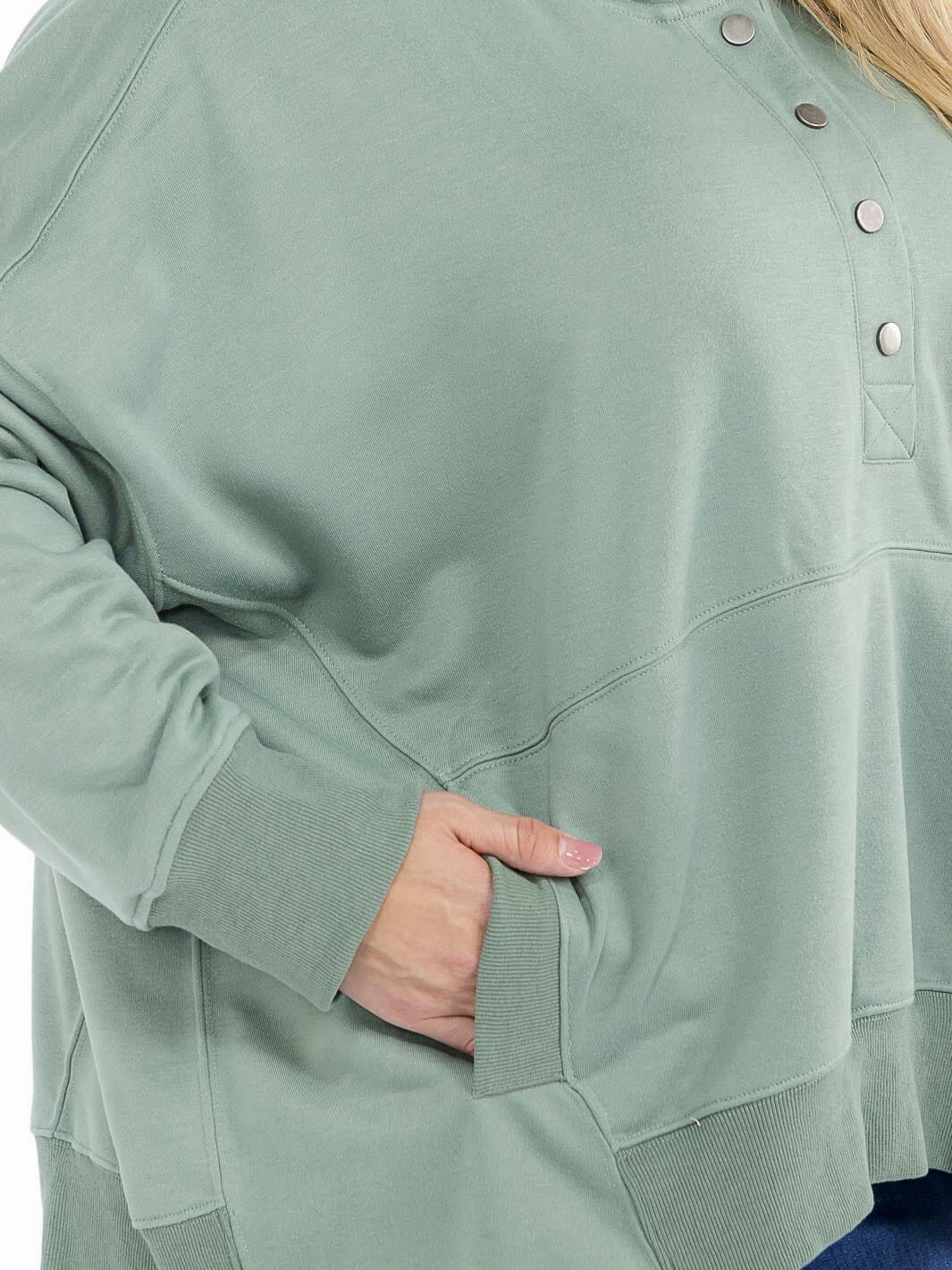 PLUS SIZE LONG SLEEVE FRONT POCKETS BUTTON UP HOODED PULLOVER SWEATER