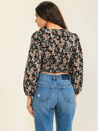 ENTRO WOMEN'S LONG SLEEVE SURPLICE SMOCK WAIST FLORAL PRINT BLOUSE