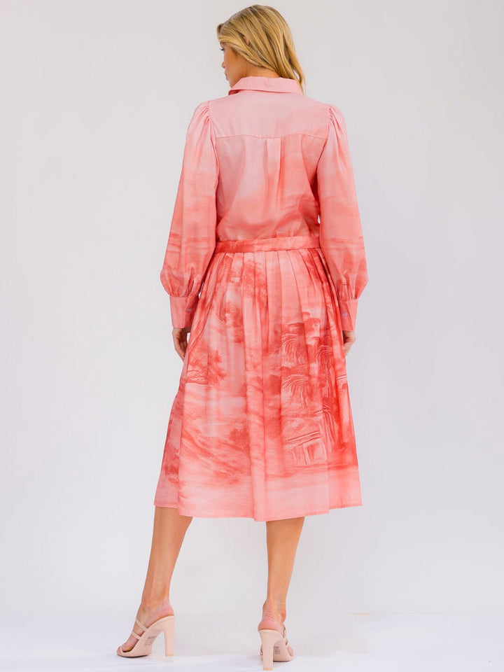 WOMEN'S LONG SLEEVE SELF TIE BUTTON UP MULTI PRINT TIE DYE MIDI DRESS