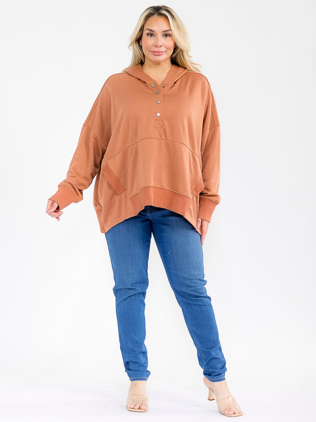 PLUS SIZE LONG SLEEVE FRONT POCKETS BUTTON UP HOODED PULLOVER SWEATER