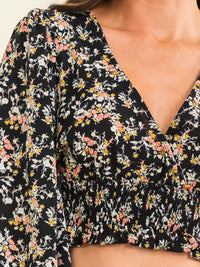 ENTRO WOMEN'S LONG SLEEVE SURPLICE SMOCK WAIST FLORAL PRINT BLOUSE