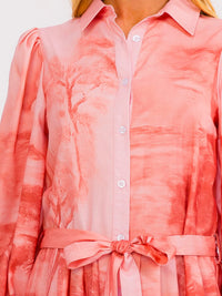 WOMEN'S LONG SLEEVE SELF TIE BUTTON UP MULTI PRINT TIE DYE MIDI DRESS