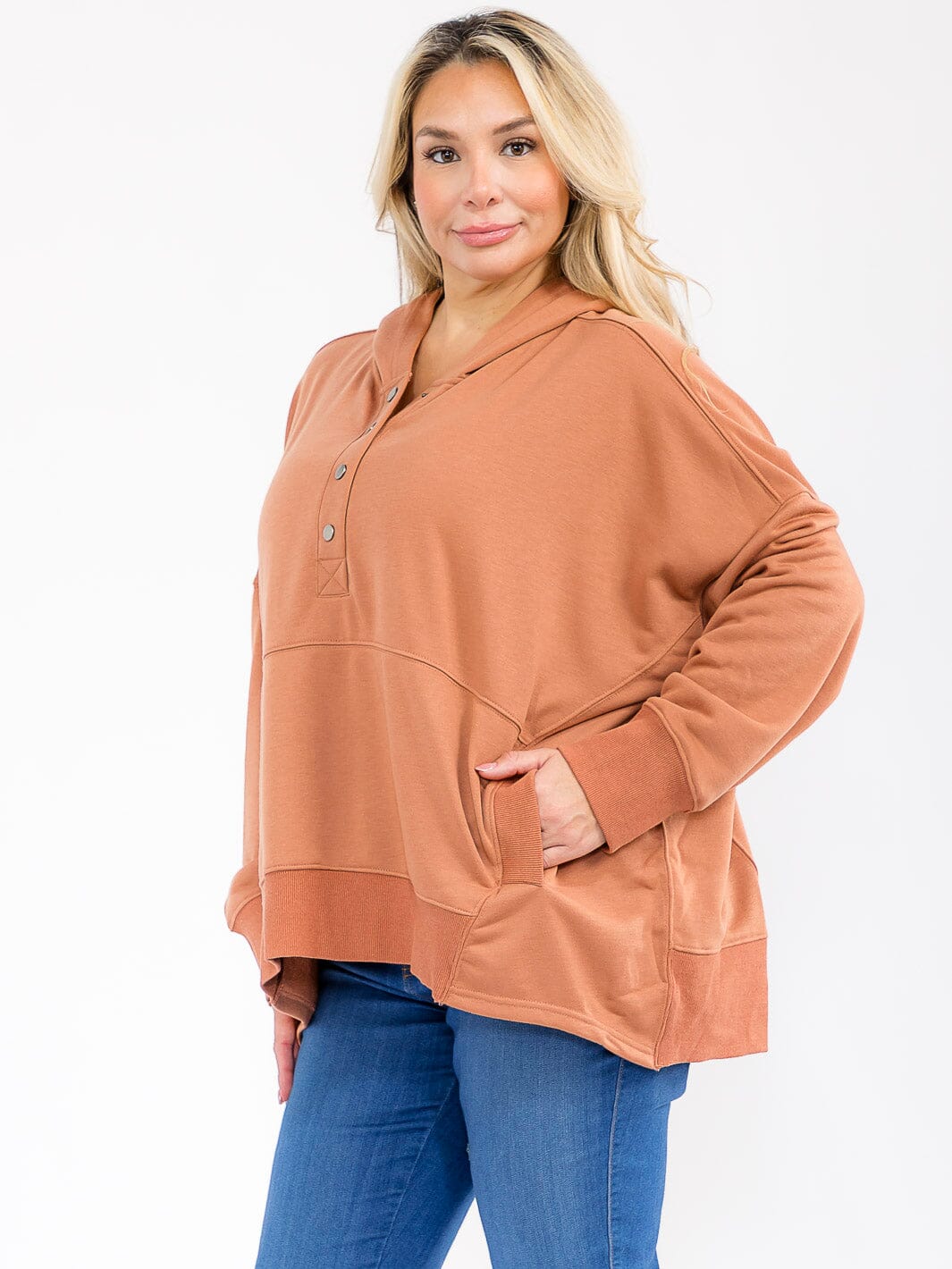 PLUS SIZE LONG SLEEVE FRONT POCKETS BUTTON UP HOODED PULLOVER SWEATER
