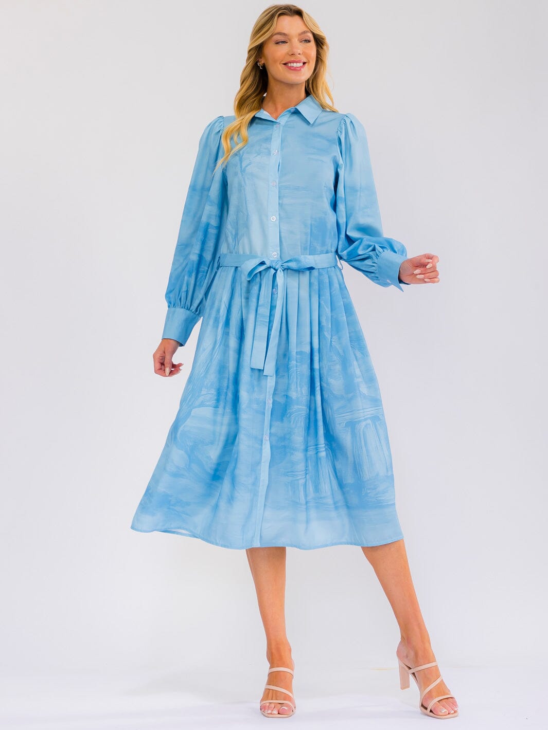 WOMEN'S LONG SLEEVE SELF TIE BUTTON UP MULTI PRINT TIE DYE MIDI DRESS