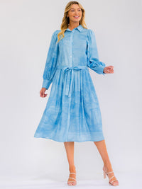 WOMEN'S LONG SLEEVE SELF TIE BUTTON UP MULTI PRINT TIE DYE MIDI DRESS