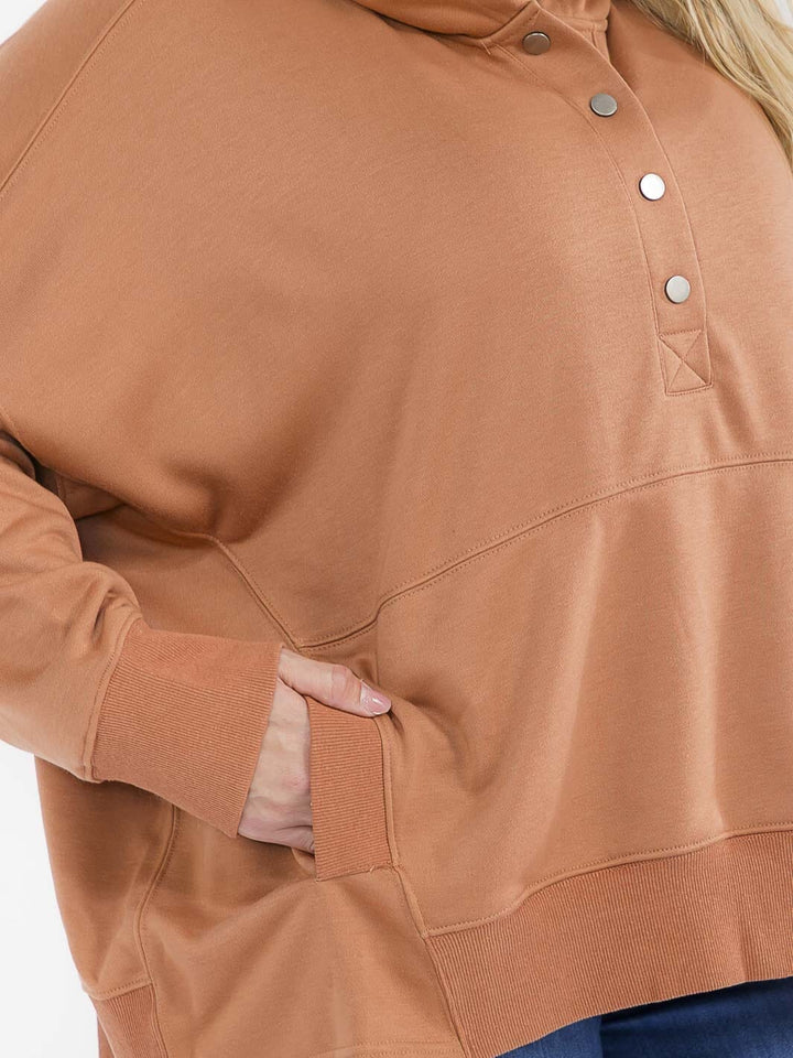 PLUS SIZE LONG SLEEVE FRONT POCKETS BUTTON UP HOODED PULLOVER SWEATER