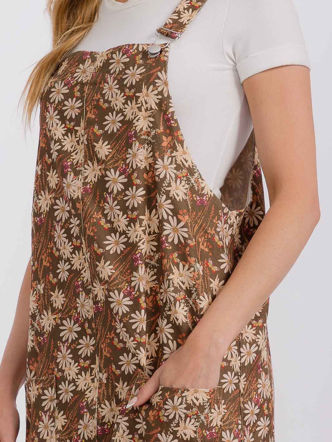 WOMEN'S SLEEVELESS FRONT POCKETS FLORAL OVERALL MINI DRESS