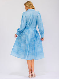 WOMEN'S LONG SLEEVE SELF TIE BUTTON UP MULTI PRINT TIE DYE MIDI DRESS