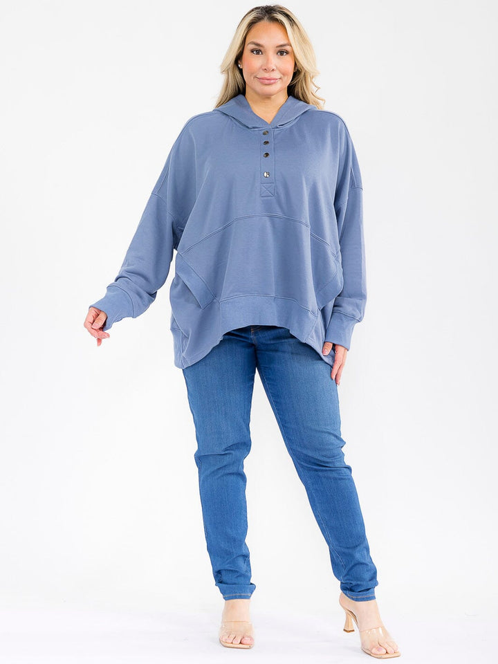 PLUS SIZE LONG SLEEVE FRONT POCKETS BUTTON UP HOODED PULLOVER SWEATER