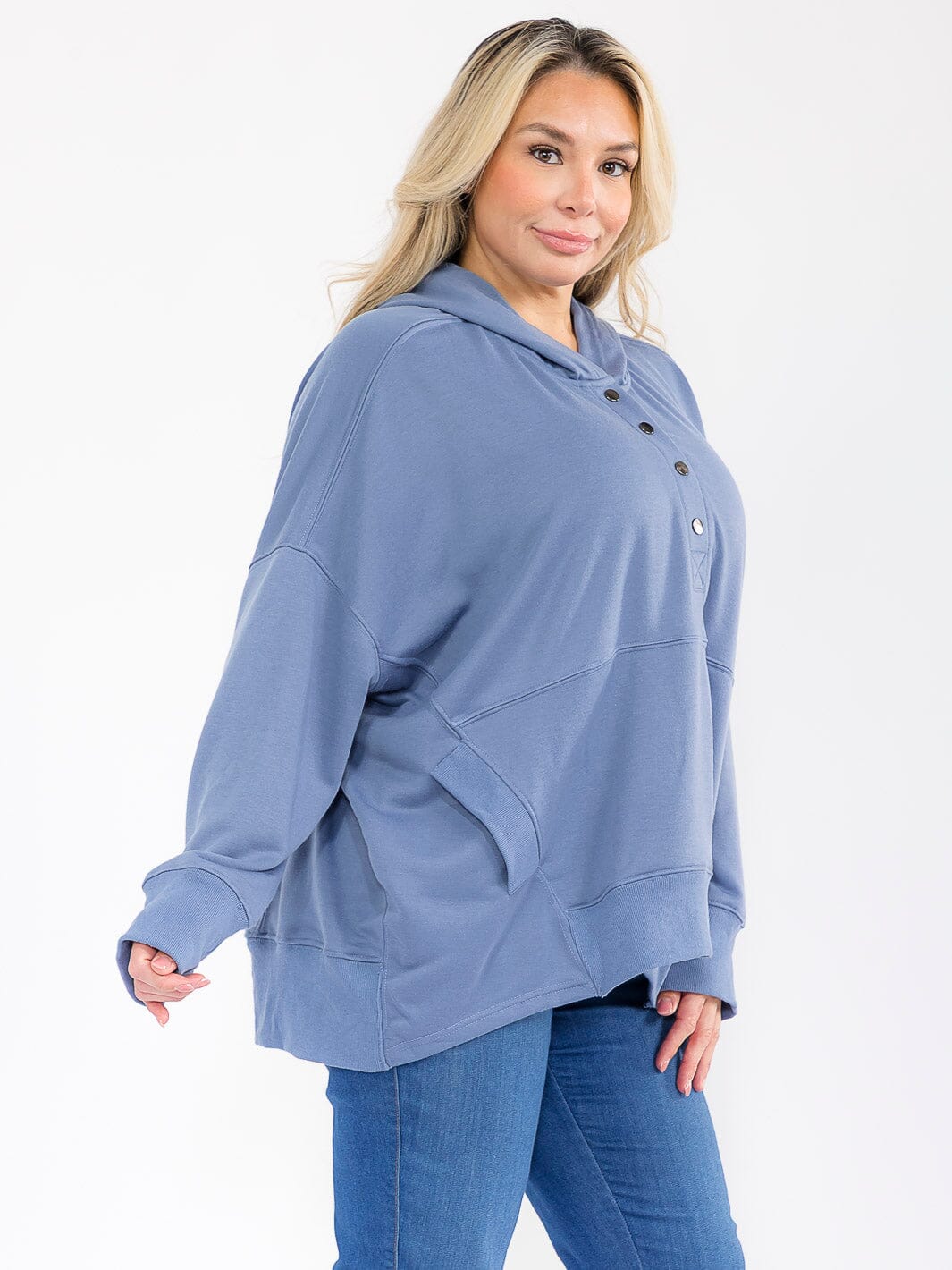 PLUS SIZE LONG SLEEVE FRONT POCKETS BUTTON UP HOODED PULLOVER SWEATER