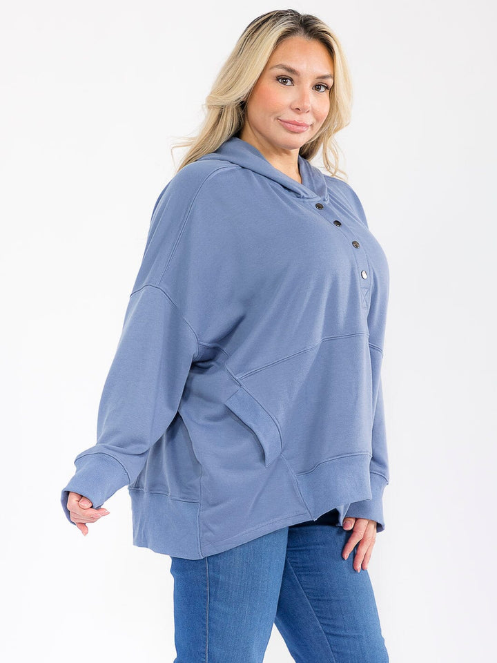 PLUS SIZE LONG SLEEVE FRONT POCKETS BUTTON UP HOODED PULLOVER SWEATER