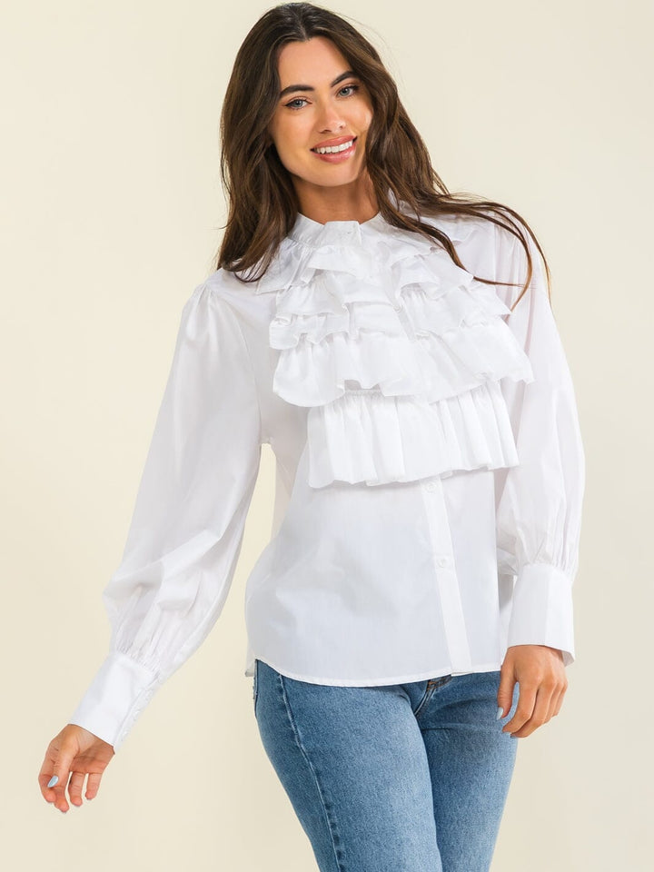 ENTRO WOMEN'S LONG SLEEVE BUTTON UP RUFFLE BLOUSE