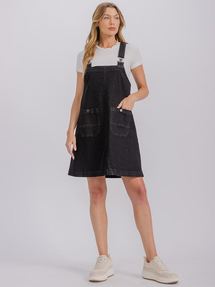 WOMEN'S SLEEVELESS FRONT POCKETS DENIM OVERALL MINI DRESS