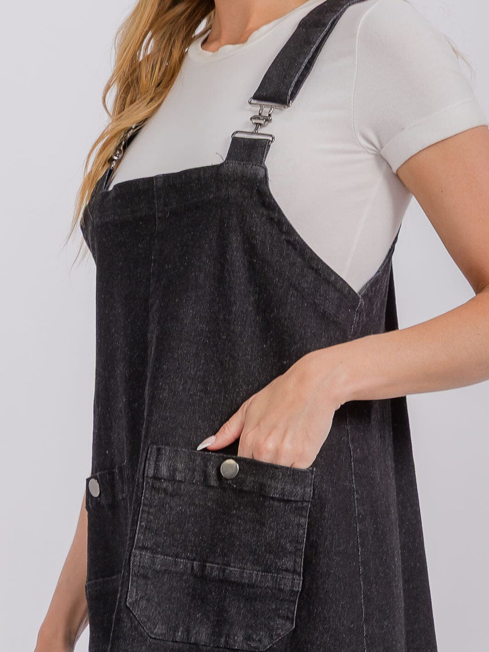 WOMEN'S SLEEVELESS FRONT POCKETS DENIM OVERALL MINI DRESS
