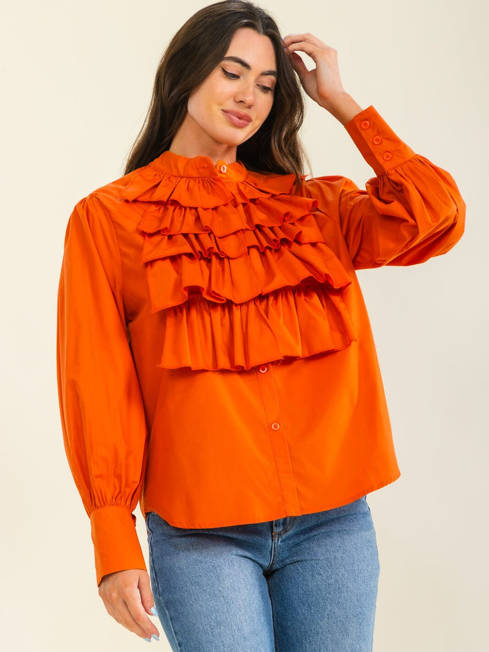 ENTRO WOMEN'S LONG SLEEVE BUTTON UP RUFFLE BLOUSE