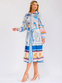 WOMEN'S LONG SLEEVE SELF TIE BUTTON UP MULTI PRINT MIDI DRESS
