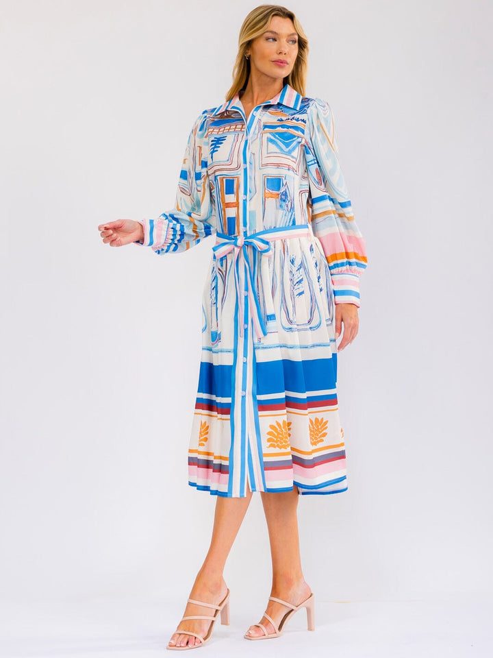 WOMEN'S LONG SLEEVE SELF TIE BUTTON UP MULTI PRINT MIDI DRESS