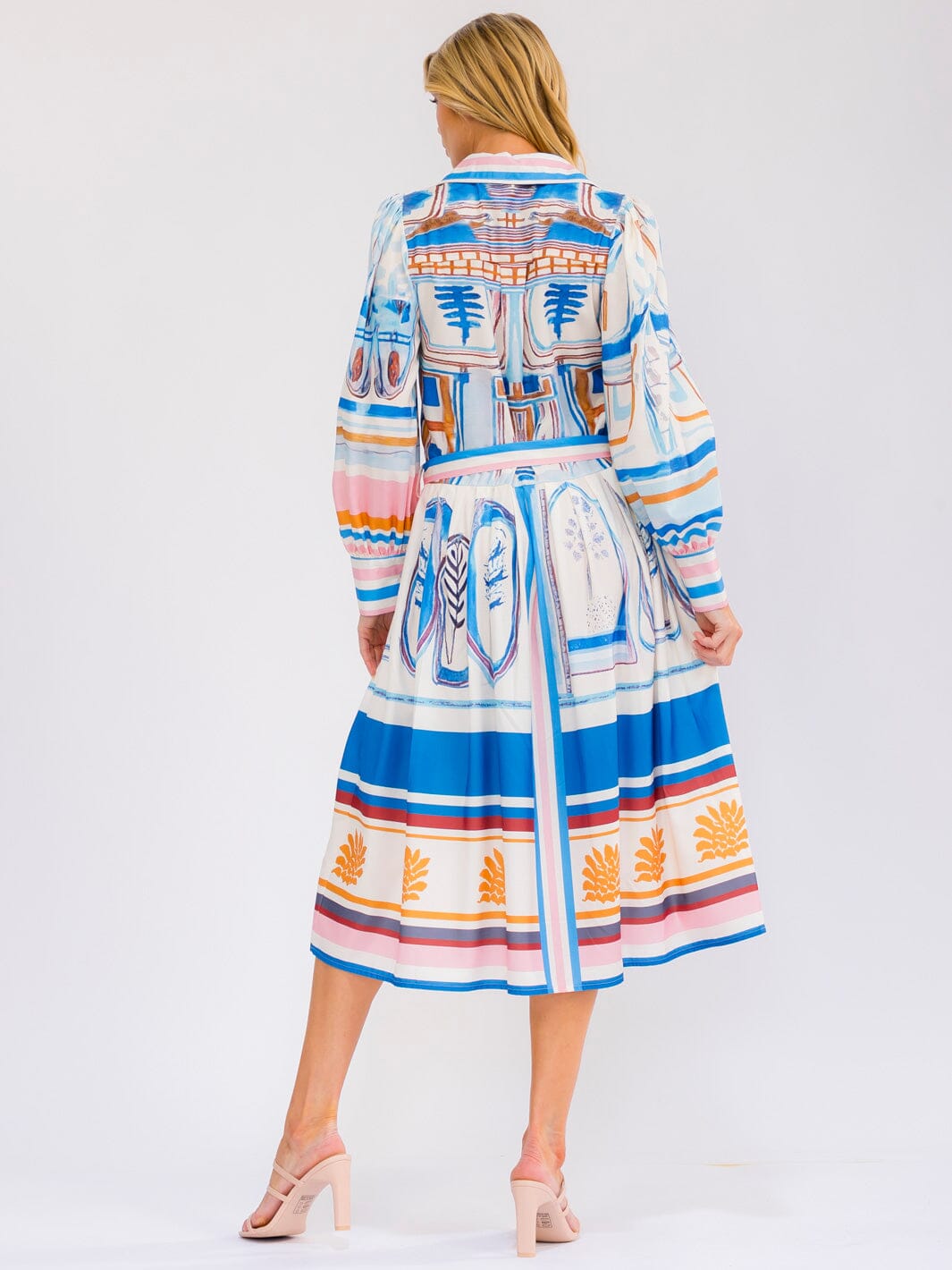 WOMEN'S LONG SLEEVE SELF TIE BUTTON UP MULTI PRINT MIDI DRESS