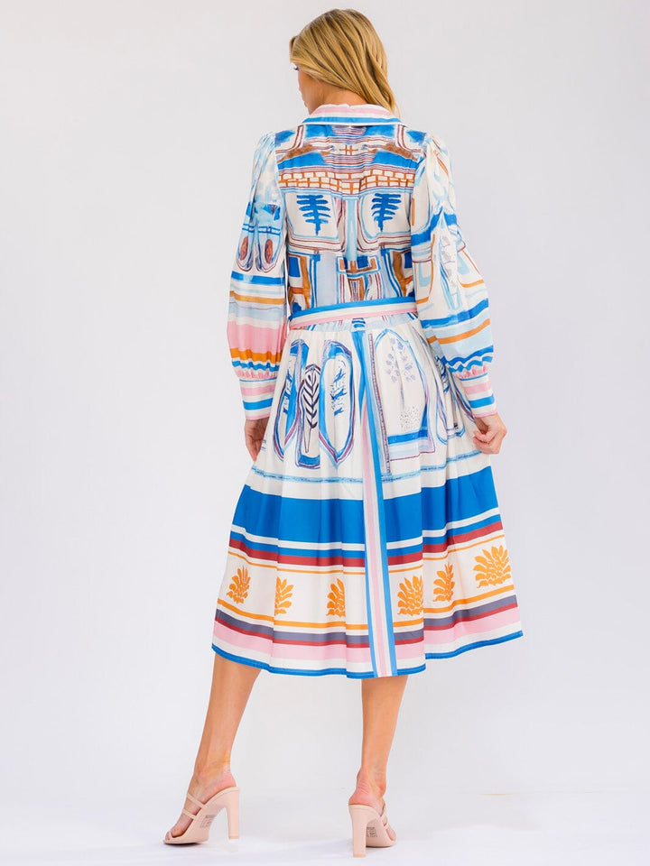 WOMEN'S LONG SLEEVE SELF TIE BUTTON UP MULTI PRINT MIDI DRESS
