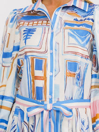 WOMEN'S LONG SLEEVE SELF TIE BUTTON UP MULTI PRINT MIDI DRESS