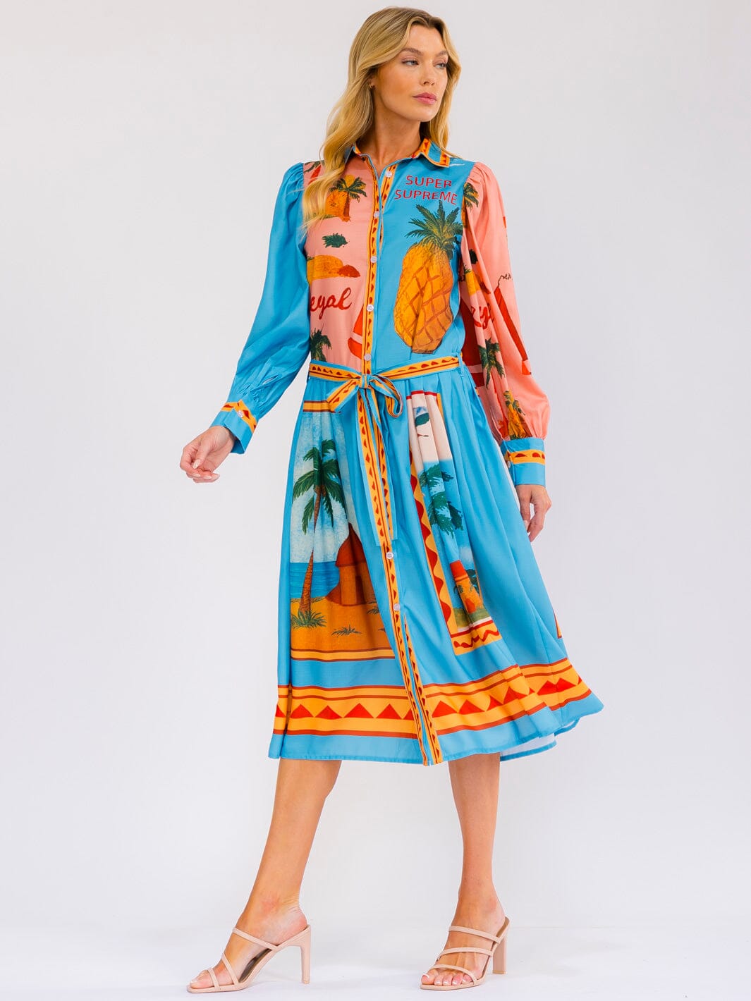 WOMEN'S LONG SLEEVE SELF TIE BUTTON UP MULTI PRINT MIDI DRESS