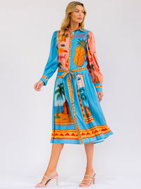 WOMEN'S LONG SLEEVE SELF TIE BUTTON UP MULTI PRINT MIDI DRESS