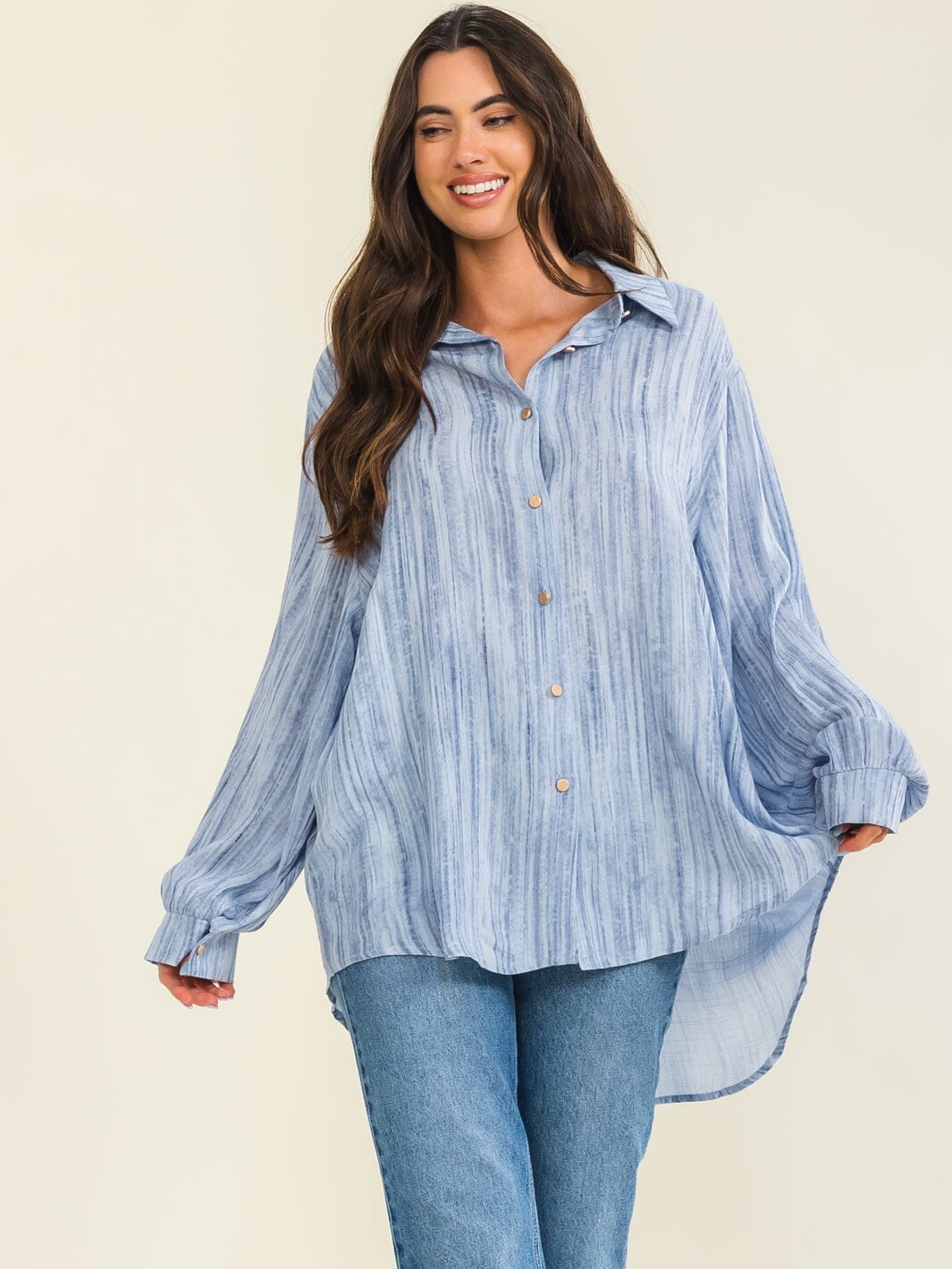 BEULAH WOMEN'S LONG SLEEVE BUTTON UP HIGH-LOW TIE DYE SHIRT