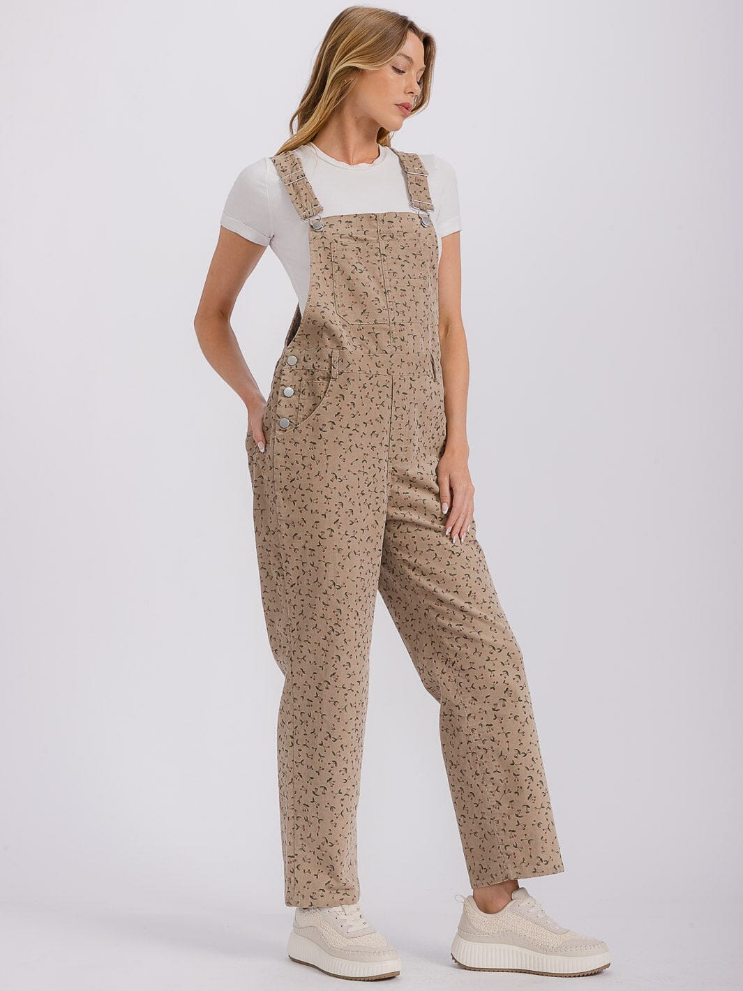 WOMEN'S SLEEVELESS FRONT POCKETS FLORAL PRINT OVERALL