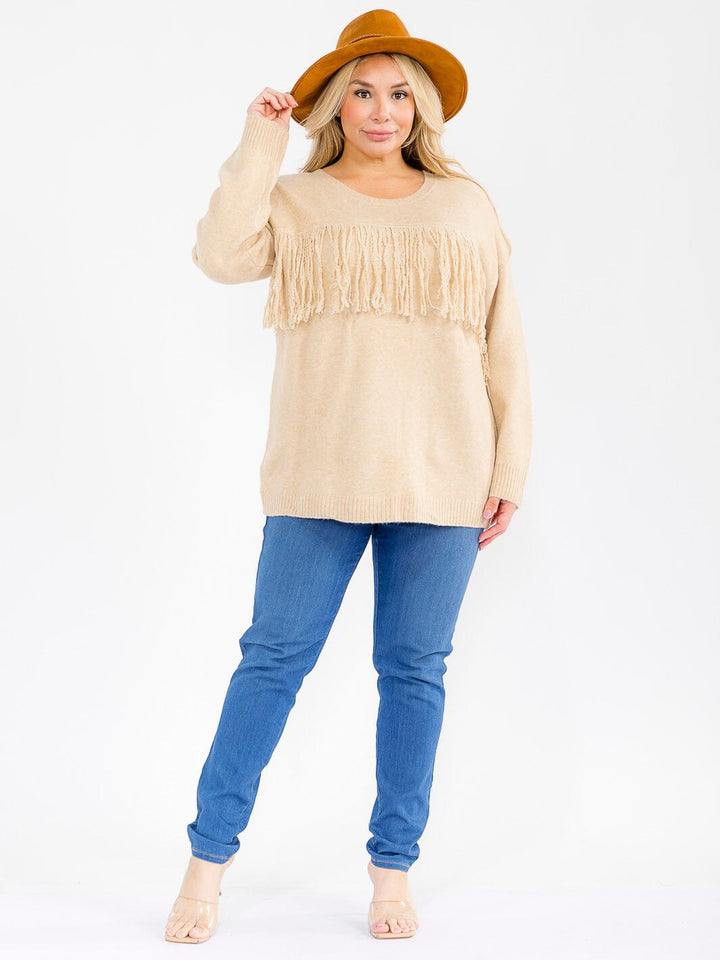 PLUS SIZE LONG SLEEVE FRINGE DETAILED PULLOVER SWEATER