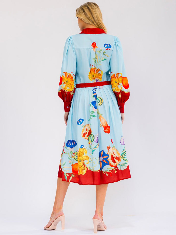 WOMEN'S LONG SLEEVE SELF TIE BUTTON UP MULTI PRINT MIDI DRESS
