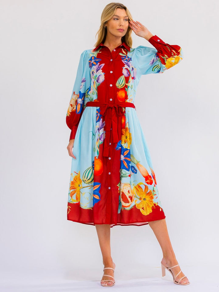 WOMEN'S LONG SLEEVE SELF TIE BUTTON UP MULTI PRINT MIDI DRESS